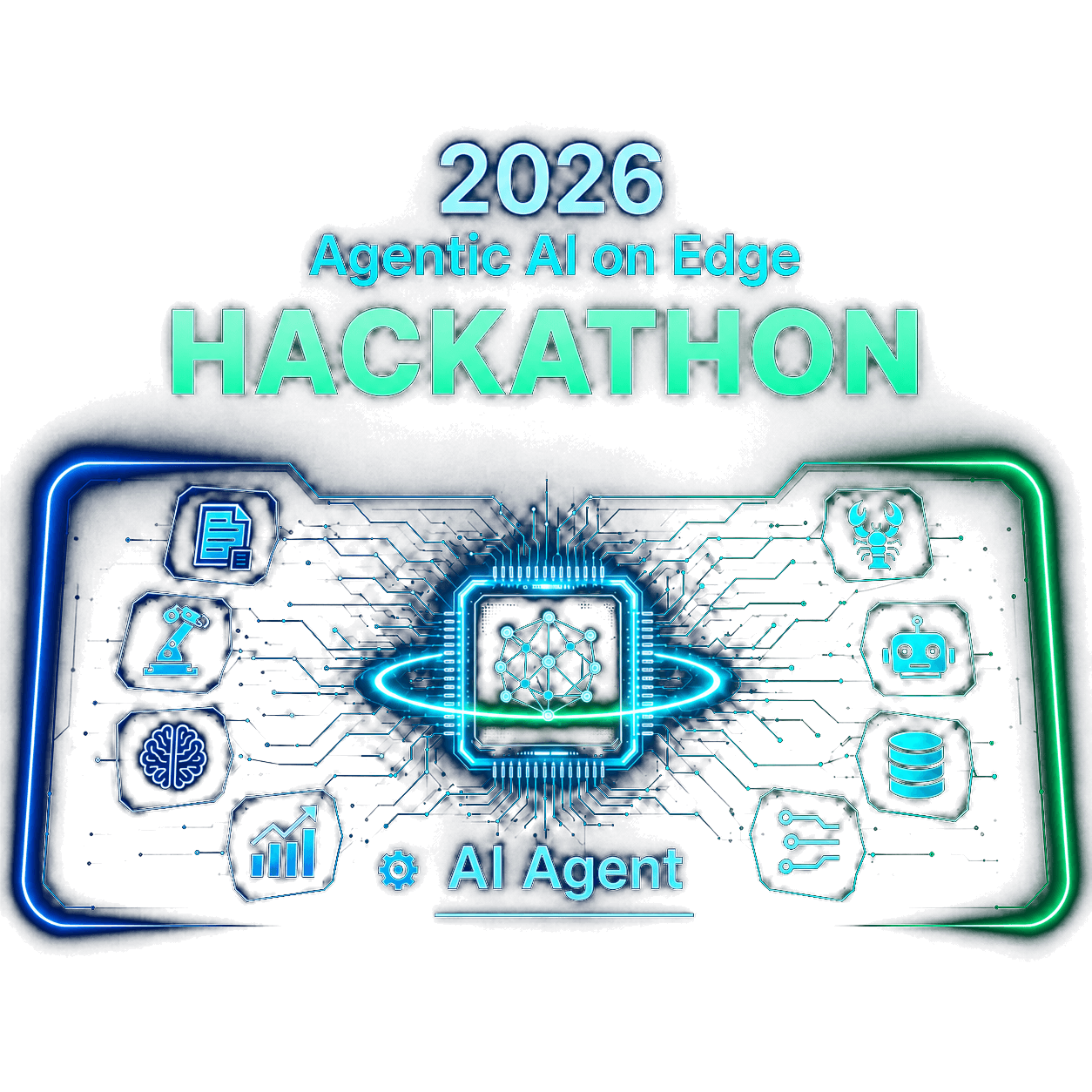 2026 Agentic AI on Edge Hackathon 主視覺，中央為 AI 晶片與邊緣代理圖示